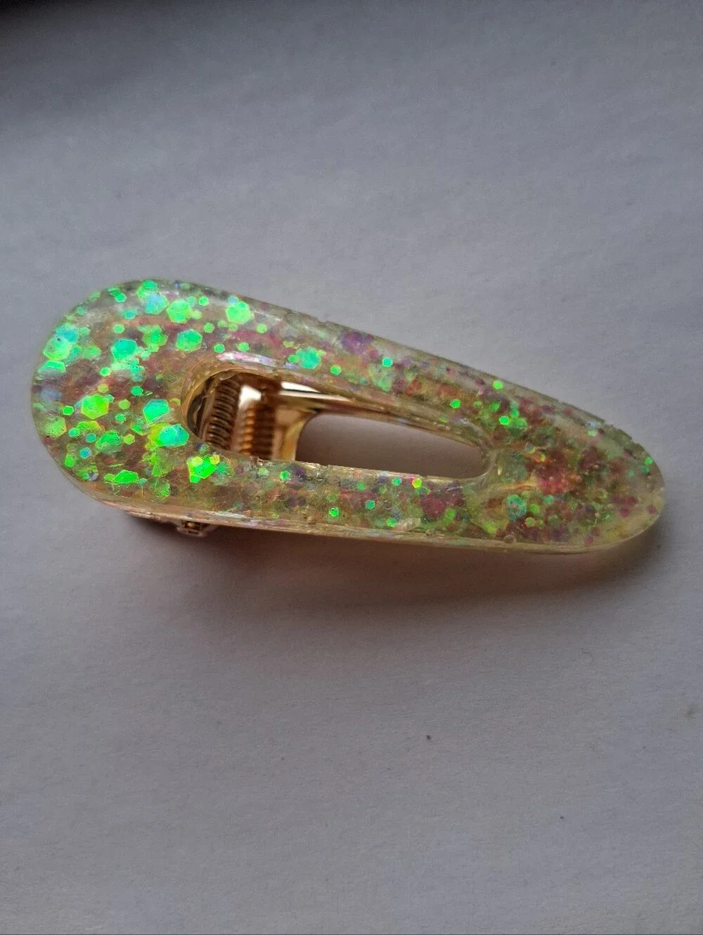 5/$25 Hand Crafted Iridescent Green Glitter Resin Hair Clip